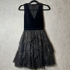 BCBGMAXAZRIA Dress Womens XS Black Plunging Velvet Metallic‎ Tulle Holiday Party